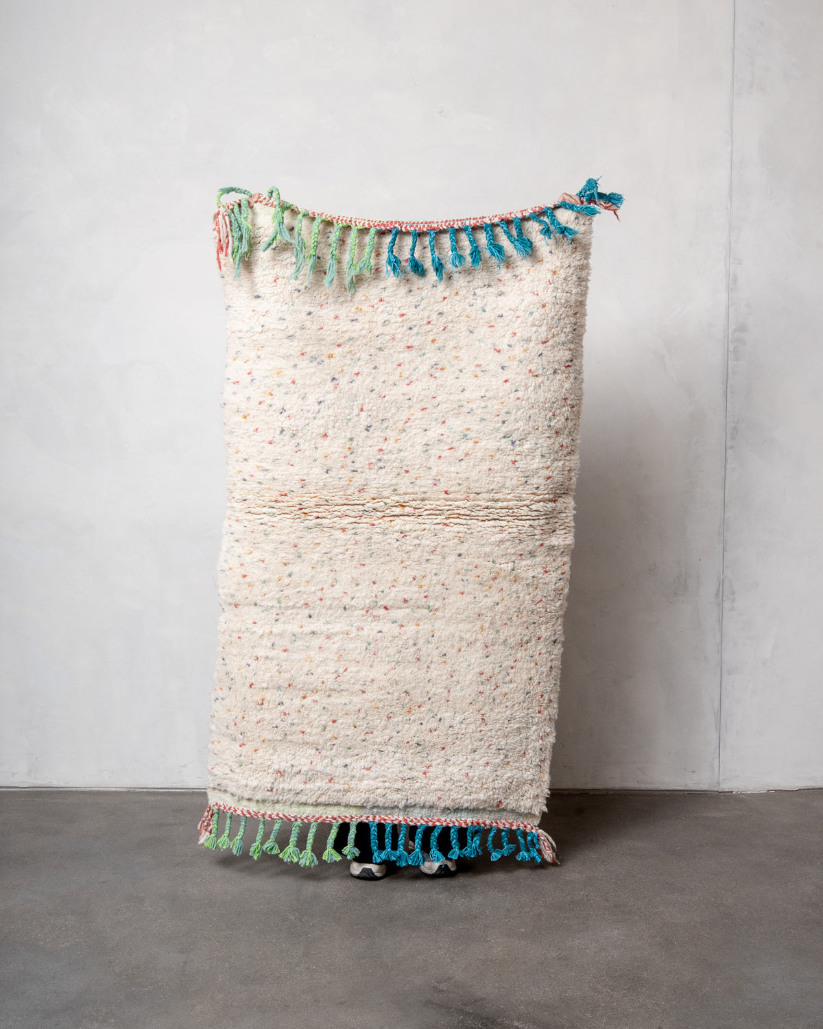 Modern, designer, handcrafted Berber rug from Morocco. Beniourain carpet with beautiful colours and patterns and fluffy wool texture.
